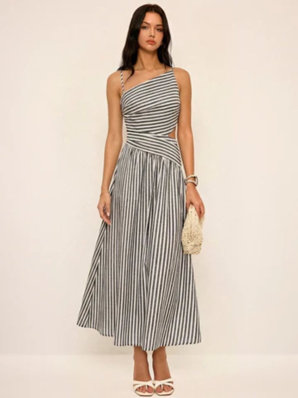 Commense Black & White Striped One-Shoulder Cutout Maxi Dress